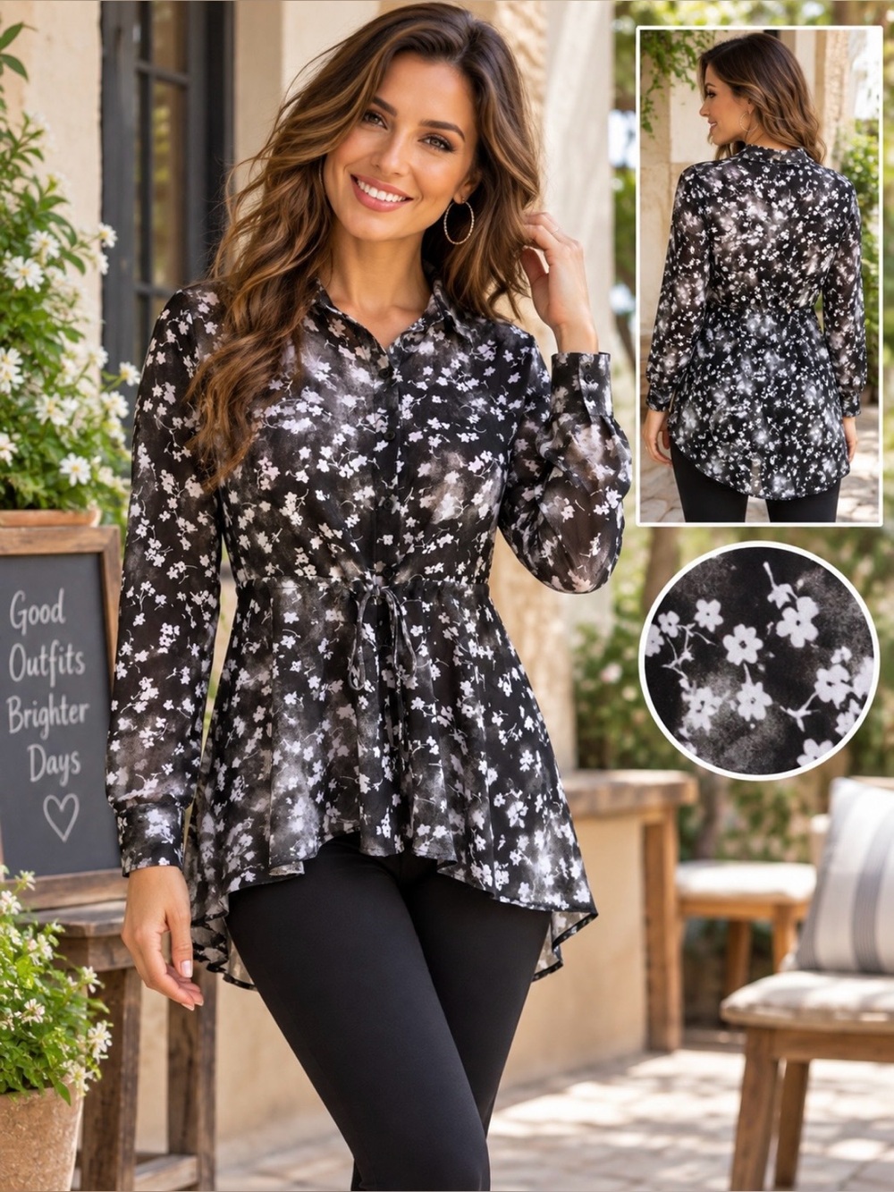 Vera Wang black and white semi sheer print tunic top